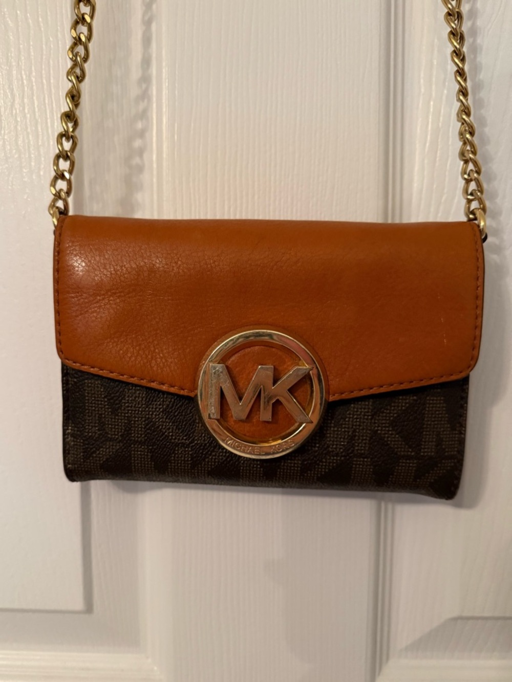Michael Kors Brown Logo Crossbody with Tan Leather Flap and Gold Hardware